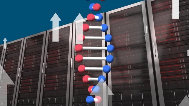 Animation of arrows pointing up and dna strand spinning over servers