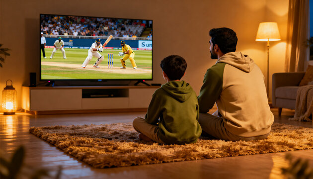 Watching dad and son in khaki and olive hoodies on shag rug, flat-screen TV showing cricket