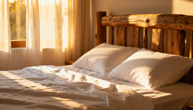 Bathing rumpled white bedding and two pillows in warm sunlight by sheer curtains, headboard shadows