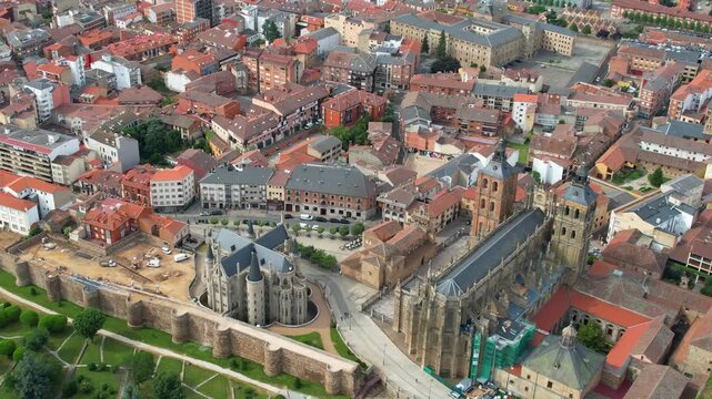  Aerial panoramic view beside the old town of  the city Astorga in Spain on a cloudy summer noon.
