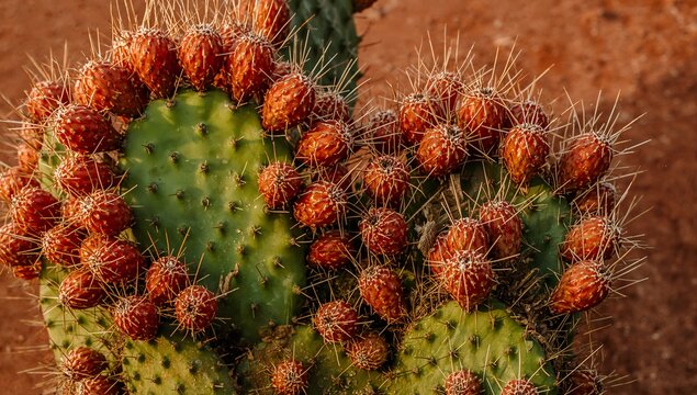Showing prickly pear cactus pads forming reddish-orange buds with pale spines in desert garden soil
