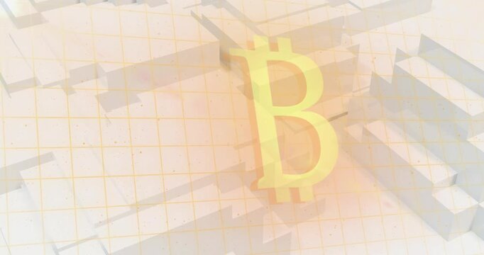 Animation of bitcoin symbol over grid network against 3d concentric shapes