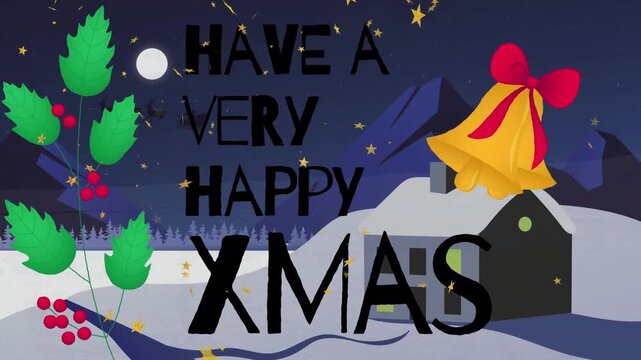 Animation of golden stars floating over happy christmas text banner against winter landscape