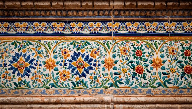 Displaying polychrome ceramic tile frieze in stone wall, showing glazed floral motifs, grout joint