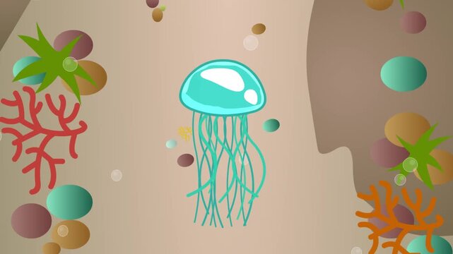 Cartoon style animation with a jellyfish moving on the seabed, water, art, 2D, animal.