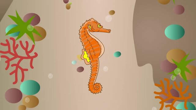 Cartoon style animation with a seahorse moving on the seabed, water, art, 2D, animal.