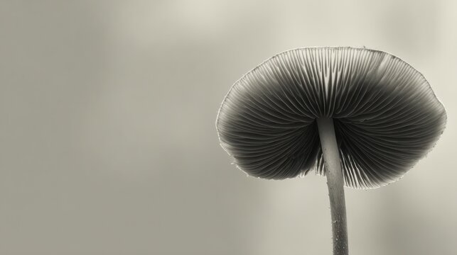 Grayscale mushroom underside, showcasing intricate gills and slender stem against blurry background