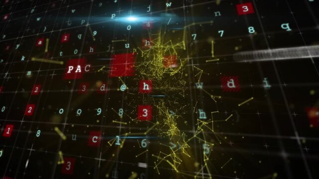Animation of multiple text over letters, symbols, numbers against connected dots in background