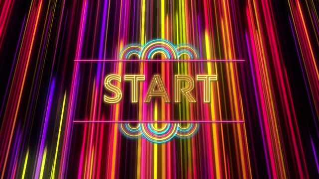 Animation of neon start text banner over light trails in seamless pattern on black background