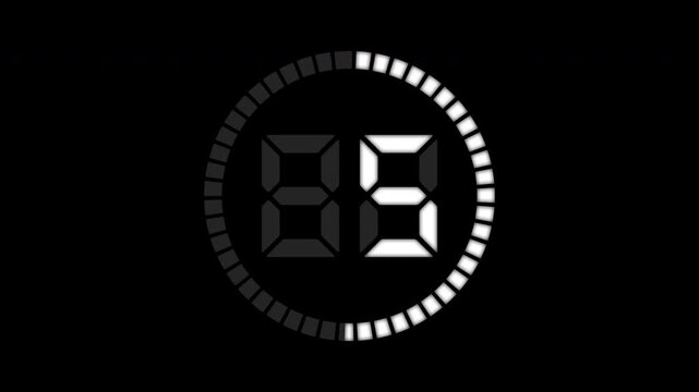 Animated black and white, and blue glowing countdown timer from 10 to 0 seconds on a black background. Minimal hitech countdown design, spatial video suitable for overlay, alpha, or tint layer