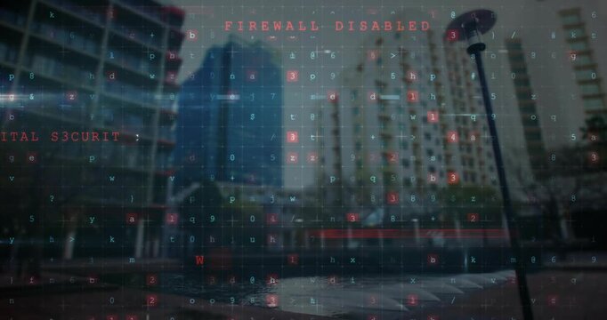 Alphanumeric code grid being projected over waterfront, showing red malware alerts and boats
