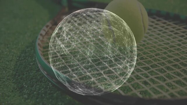 3D wireframe sphere hovering over tennis racket and ball on green court, showing glowing nodes