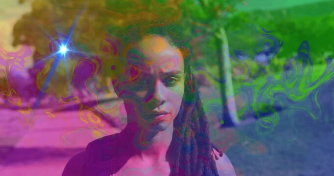 Woman walking on tree-lined sidewalk, showing psychedelic overlay and lens flare for technology
