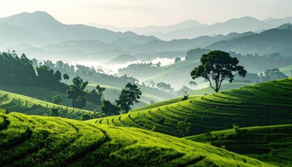 Fototapeta premium Lush green tea plantations cascading across rolling hills under a misty sky in Rwanda creating a serene and picturesque landscape