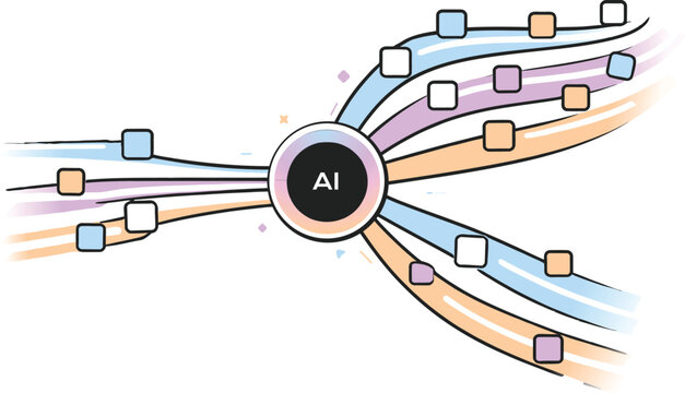 Artificial intelligence flow illustration with connected data nodes, machine learning pipeline and language model network, modern AI system diagram for automation, analytics, neural computing, tech pr