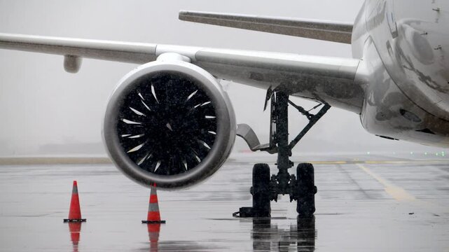 Slow motion close-up of a commercial airplane engine and landing gear on a snowy runway, capturing rotating turbine blades, falling snow and wet airport tarmac conditions