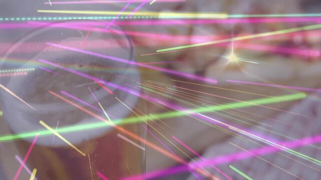 Colorful streaks crossing pizza slice, beer glass emerging pulsing neon waves celebrating dining