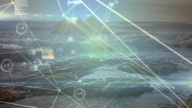 Grid overlay fading onto rocky shore, emerging gauges pulsing links between nodes mapping network