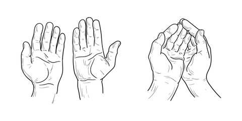Fototapeta premium Praying hands, simple line drawing, hand-drawn sketch. Vector illustration. Set of folded palms, isolated on white background. Prayer, Ramadan