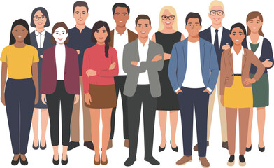 Obraz premium Group of diverse professional business people standing together in a flat vector illustration for corporate teamwork and community concepts.