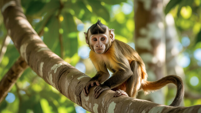 A small curious monkey with a unique crest on its head sits calmly on a thick tree branch in a vibrant green jungle habitat bathed in bright natural s