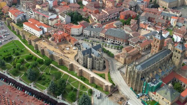  Aerial panoramic view beside the old town of  the city Astorga in Spain on a cloudy summer noon.