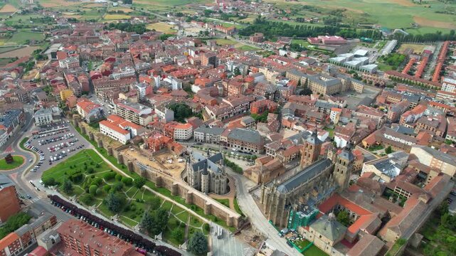  Aerial panoramic view beside the old town of  the city Astorga in Spain on a cloudy summer noon.