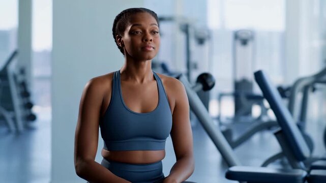 Calm Woman Reflecting After Workout. Suppressed Strength And Tranquility Captured In Workout Portrait