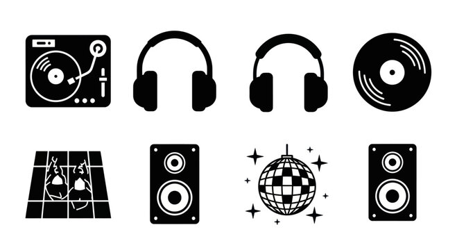 Dj Turntable, Headphones, Disco Ball, Speakers, Dance Floor Icons Set