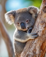 Fototapeta premium Australian marsupial koala with grey fur resting peacefully on a rough tree