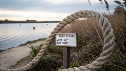 Obraz premium Peaceful Waterway with Sign and Decorative Rope in Natural Landscape Under Soft Evening Light