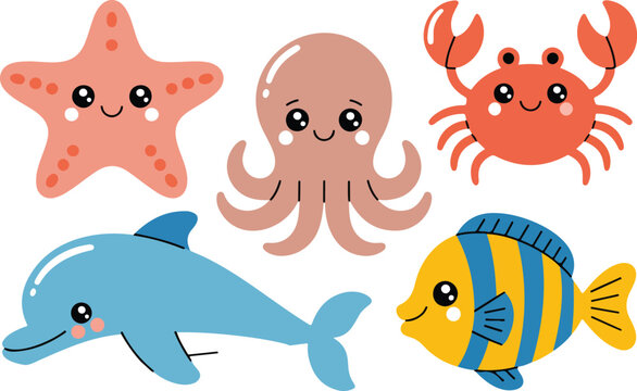 Cute kawaii sea animals vector set with cartoon dolphin octopus starfish crab and tropical fish characters for kids nursery design