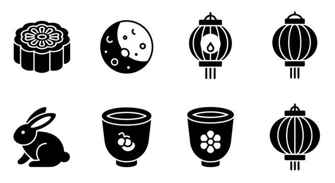 Mid-Autumn Festival Icons: Mooncake, Rabbit, Lanterns, Moon, Tea Cups