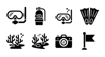 Scuba Diving and Snorkeling Icons: Mask, Tank, Fins, Camera, Coral, Flag © AR99