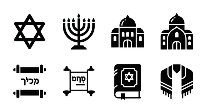 Set of Jewish Symbols and Icons - Star of David, Menorah, Torah, Synagogue, Tallit, Book