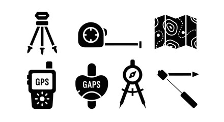 Fototapeta premium Surveying and Measurement Icons: Tripod, Tape Measure, Map, GPS, Compass, Marker
