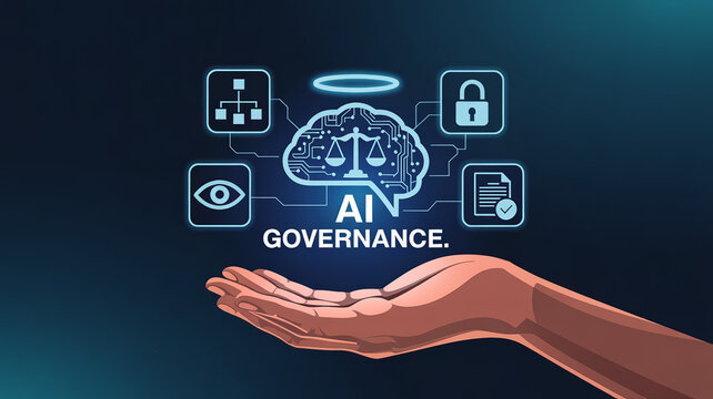 Stylized human hand supports a glowing AI governance concept featuring justice scales security and oversight icons on a deep blue digital background r