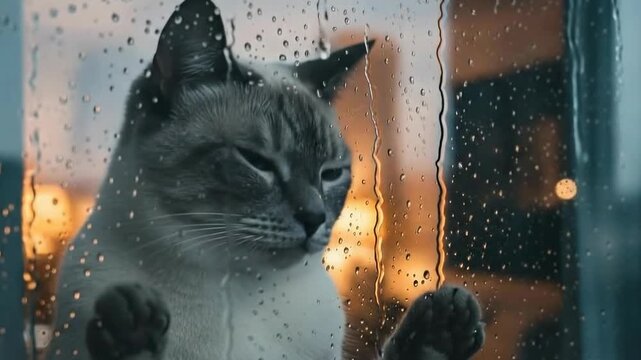 Blue-eyed cat watching heavy rain outside a window, with blurred city lights.