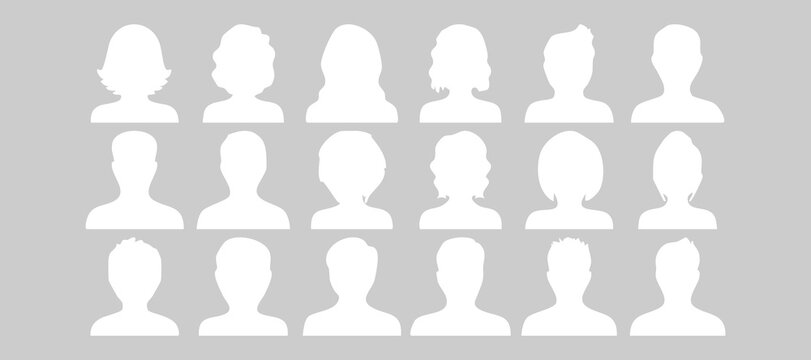 Anonymous User Avatar Silhouettes Set: White Profile Icons with Various Hairstyles, Default Member Pictures & Generic Account Placeholders on Gray Background