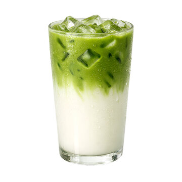 Refreshing iced matcha latte in a tall glass with milk and ice cubes on transparent background. Cold summer beverage: iced matcha green tea latte with condensation on a clear glass.