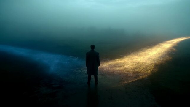 Man On Foggy Beach. Lone Figure Gazes Along Illuminated Misty Shoreline With Shimmering Reflections