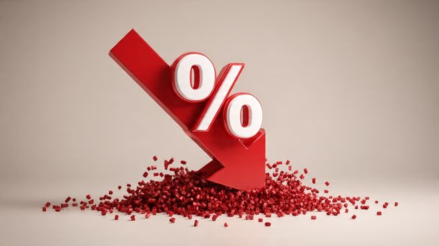 Red downward arrow with percentage symbol, representing financial crisis, economic recession, or interest rate decrease