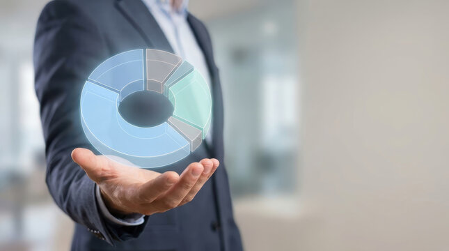 Businessman market success glowing stock market concept futuristic hologram pie chart hovering above open hand in suit symbolizing data analysis finance growth vision
