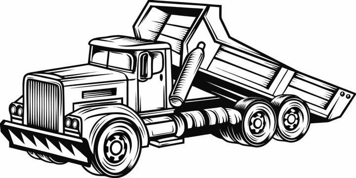 Heavy Duty Tipper Truck Vector - Industrial Construction Vehicle Line Art Illustration
