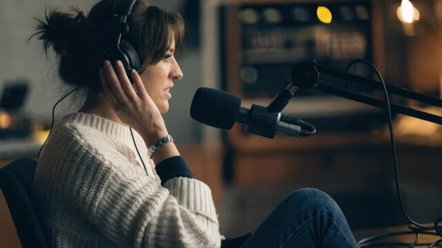 Focused profile of broadcaster delivering drivetime sports and traffic updates microphone front and center with the rest of the booth out of focus.