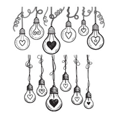Hand-drawn Light Bulbs with Hearts Set © Shahina