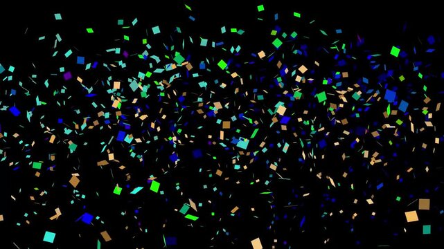 Confetti festive gold explosion animation on black screen with smooth falling glitter particles, rich contrast lighting, premium sparkle effects, and elegant motion, ideal for celebration overlays