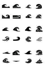 Fototapeta premium Collection of ocean wave vector icons and silhouettes, featuring various styles including surfing and cityscapes, ideal for marine themed designs.