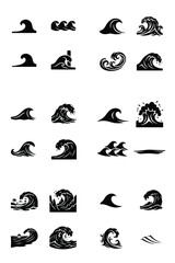 Fototapeta premium Diverse collection of ocean wave icons and sea water symbols, including simple, crashing, and stylized designs for marine themed projects.