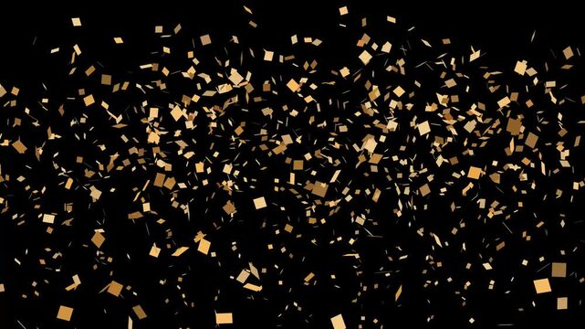 Confetti realistic gold party explosion animation on black screen background with sparkling glitter, slow motion effects, and vibrant celebration particles, perfect for New Year and wedding videos